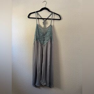 Pretty Angel Gray Silk Blend Dress With Button, Lace, and Rhinestone Accents